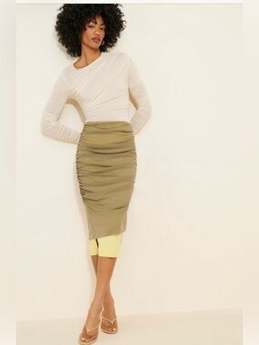 Free People Olive Ruched Midi Pencil Skirt
